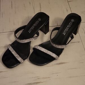 Olivia Miller Black Heels with Rhinestone Straps